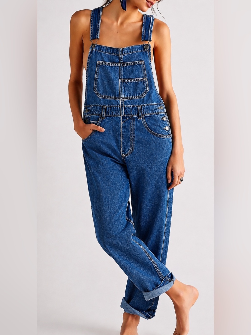 Free People We The Free Ziggy Overalls Size L Blue Jean Denim Boho Minimalist - Picture 1 of 7